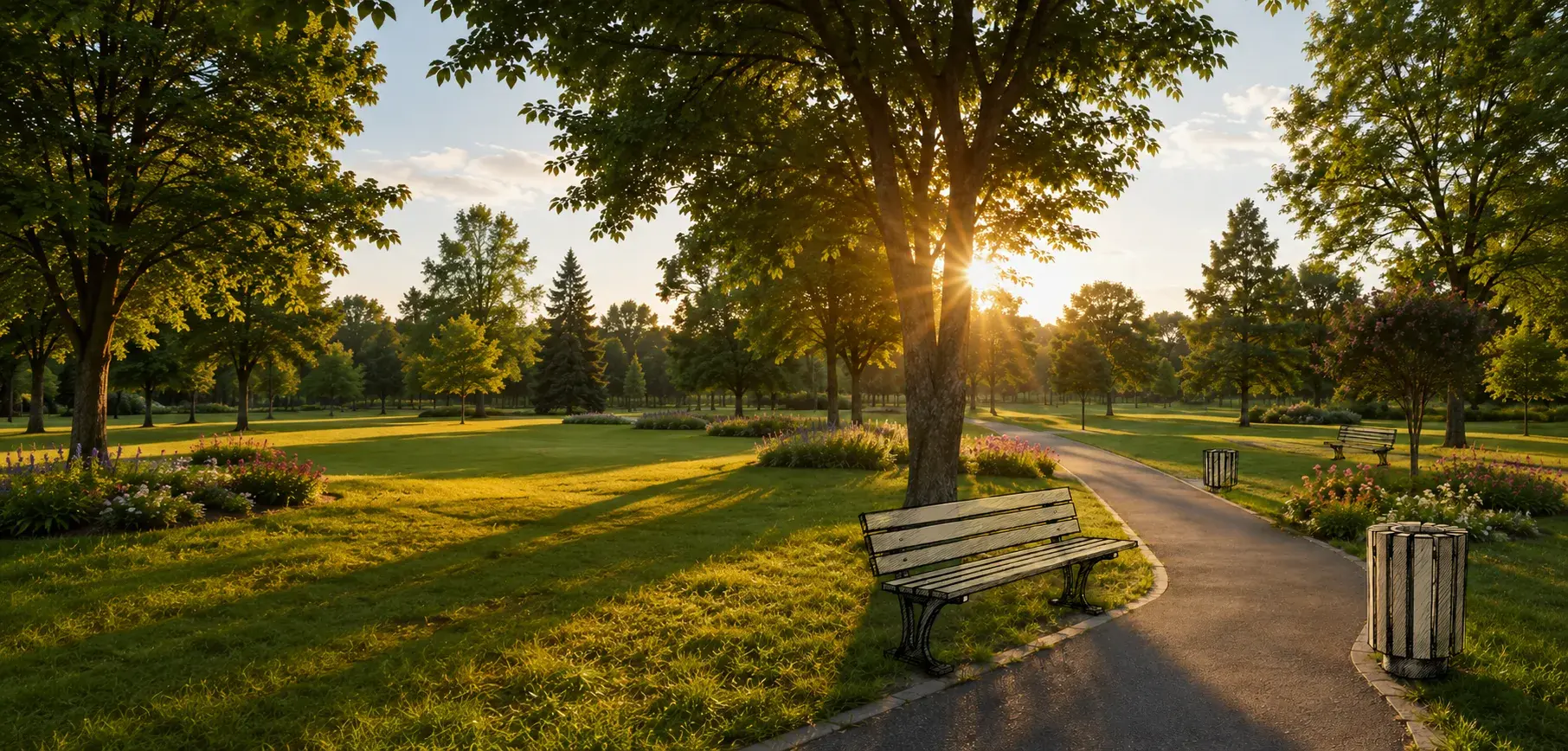 Allée de parc au soleil couchant : un banc public et deux corbeilles de propreté Jarco dessinés en surimpression le long du cheminement